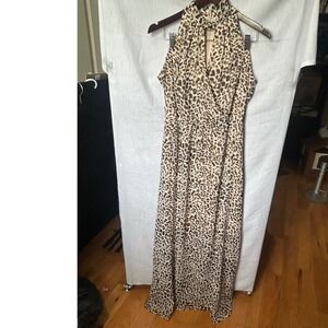 Calvin Klein Women Leopard Animal Print Halter Mock Neck Maxi Dress Brown Sz 6